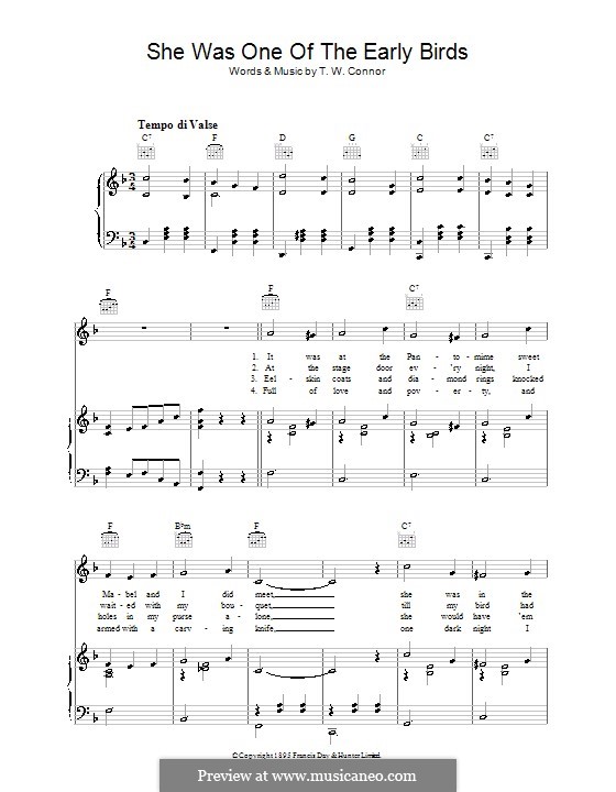 She Was One of the Early Birds (George Beauchamp): For voice and piano (or guitar) by T.W. Connor