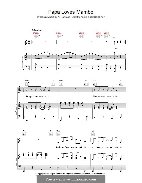 Papa Loves Mambo (from Ocean's Eleven): For voice and piano or guitar (Perry Como) by Al Hoffman, Bix Reichner, Dick Manning
