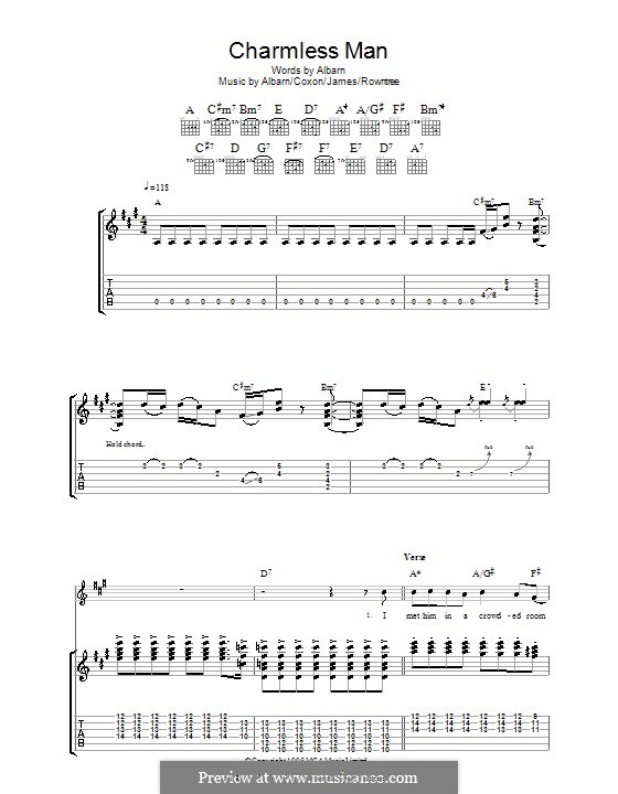 Charmless Man (Blur): For guitar with tab by Alex James, Damon Albarn, David Rowntree, Graham Coxon