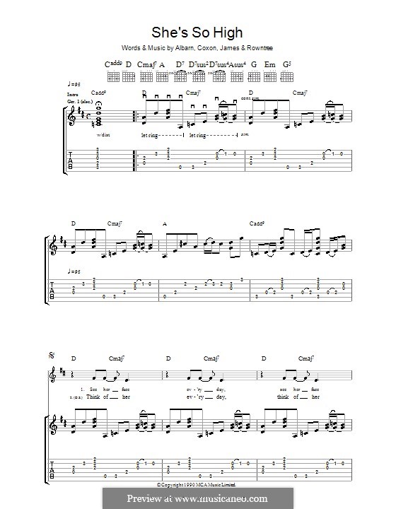 She's So High (Blur): For guitar with tab by Alex James, Damon Albarn, David Rowntree, Graham Coxon