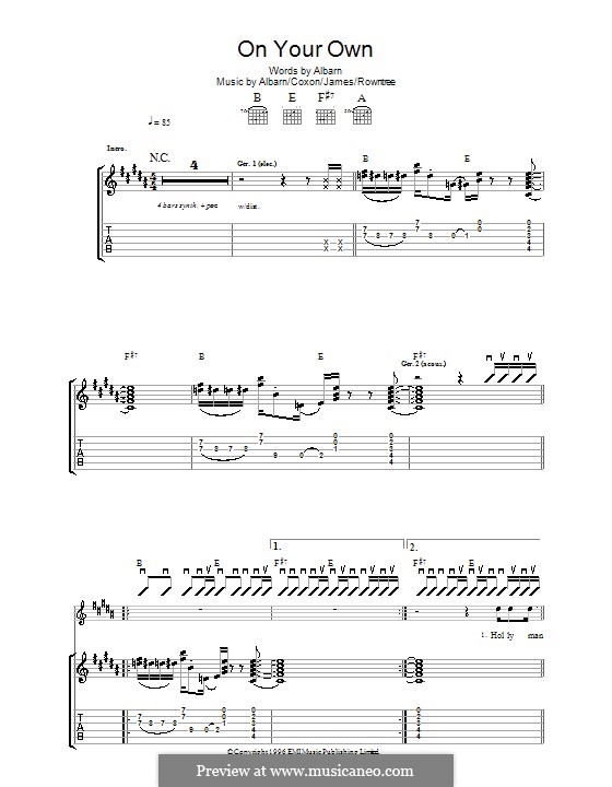 On Your Own (Blur): For guitar with tab by Alex James, Damon Albarn, David Rowntree, Graham Coxon