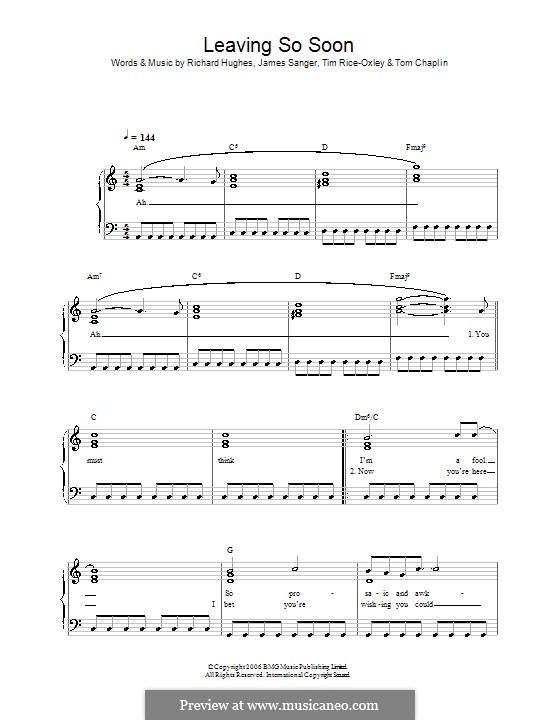 Leaving So Soon? (Keane): For easy piano by James Sanger, Richard Hughes, Tim Rice-Oxley, Tom Chaplin