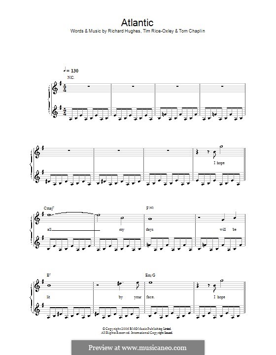 Atlantic (Keane): For easy piano by Richard Hughes, Tim Rice-Oxley, Tom Chaplin