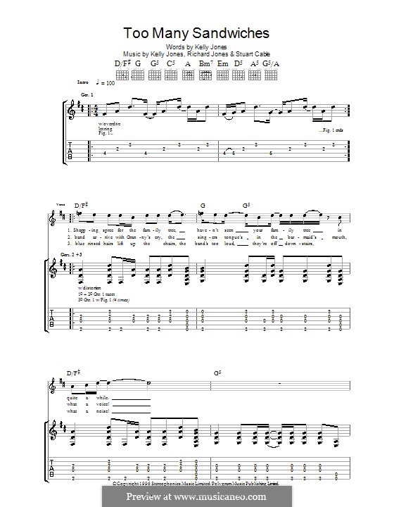Too Many Sandwiches (Stereophonics): For guitar with tab by Kelly Jones, Richard Jones, Stuart Cable
