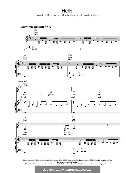 Hello (Evanescence): For voice and piano (or guitar) by Amy Lee, Ben Moody, David Hodges