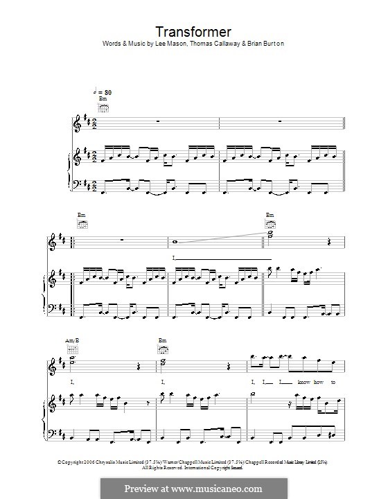 Transformer (Gnarls Barkley): For voice and piano (or guitar) by Brian Burton, Lee Mason, Thomas Callaway