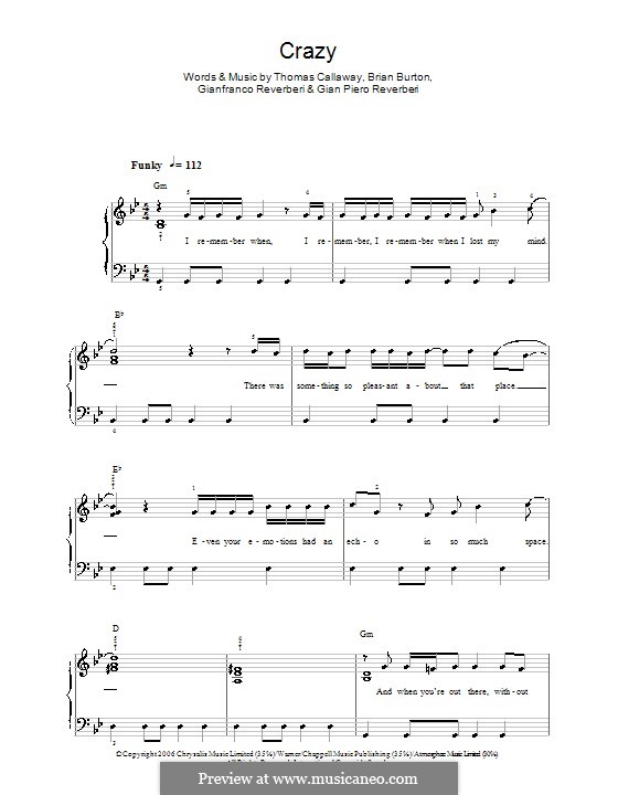 Crazy (Gnarls Barkley): For easy piano by Brian Burton, Gian Piero Reverberi, Gianfranco Reverberi, Thomas Callaway