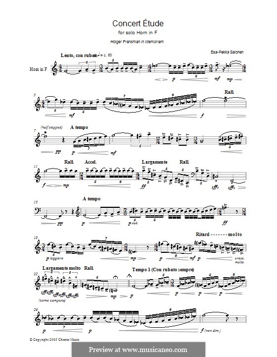 Concert Etude for Solo Horn in F: Concert Etude for Solo Horn in F by Esa-Pekka Salonen