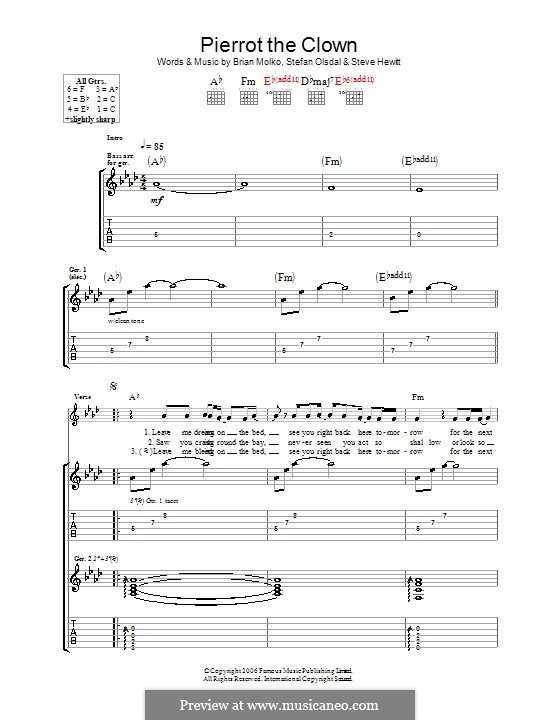 Pierrot the Clown (Placebo): For guitar with tab by Brian Molko, Stefan Olsdal, Steve Hewitt