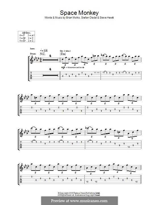 Space Monkey (Placebo): For guitar with tab by Brian Molko, Stefan Olsdal, Steve Hewitt