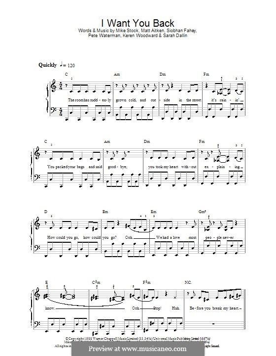 I Want You Back (Bananarama): For easy piano by Keren Woodward, Matt Aitken, Mike Stock, Pete Waterman, Sarah Dallin, Siobhan Fahey