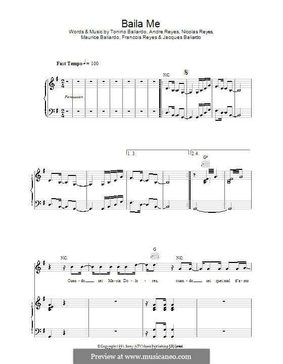 Baila Me (Gipsy Kings): For voice and piano (or guitar) by Andre Reyes, Francois Reyes, Jacques Baliardo, Maurice Baliardo, Nicolas Reyes, Tonino Baliardo