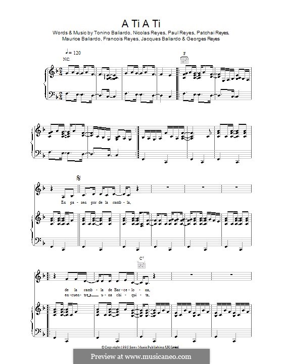 A Ti A Ti (Gipsy Kings): For voice and piano (or guitar) by Francois Reyes, Georges Reyes, Jacques Baliardo, Maurice Baliardo, Nicolas Reyes, Patchai Reyes, Paul Reyes, Tonino Baliardo