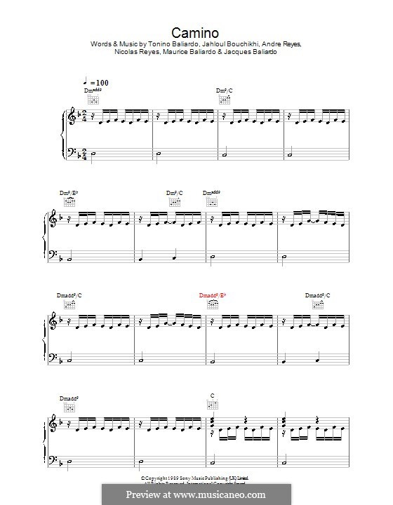Camino (Gipsy Kings): For voice and piano (or guitar) by Andre Reyes, Jacques Baliardo, Jahloul Bouchikhi, Maurice Baliardo, Nicolas Reyes, Tonino Baliardo