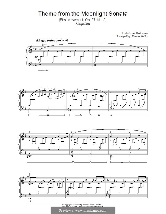 Movement I (Printable scores): For easy piano (D Minor) by Ludwig van Beethoven