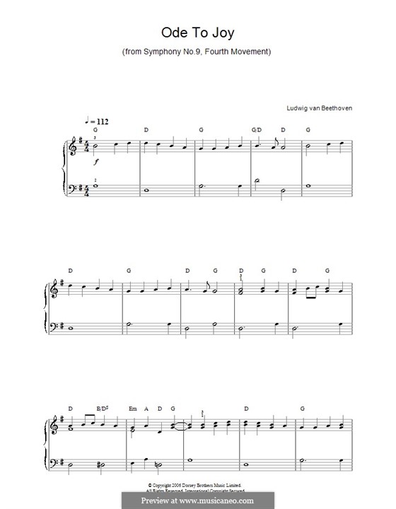 Ode to Joy, for Piano: Version for easy piano with chords by Ludwig van Beethoven