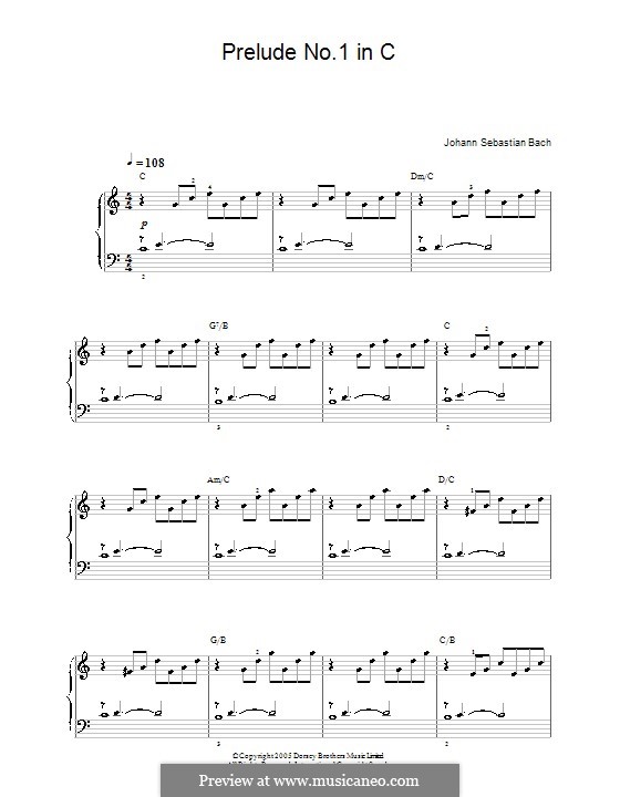 Prelude and Fugue No.1 in C Major, BWV 846: Prelude, for easy piano by Johann Sebastian Bach