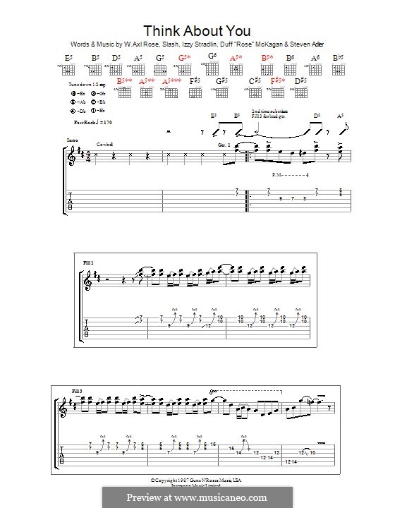 Think About You (Guns N' Roses): For guitar with tab by Slash, W. Axl Rose, Duff McKagan, Izzy Stradlin, Steven Adler