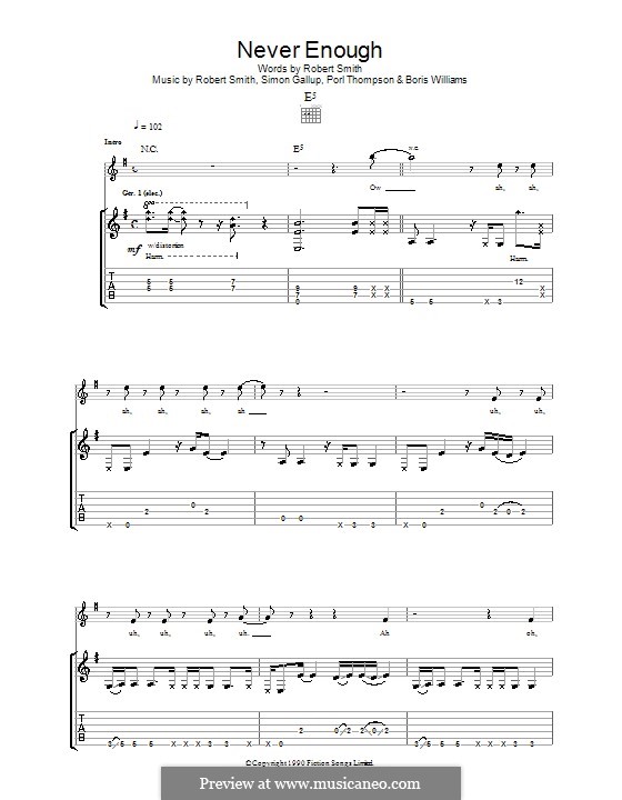 Never Enough (The Cure): For guitar with tab by Boris Williams, Porl Thompson, Robert Gary Smith, Simon Gallup