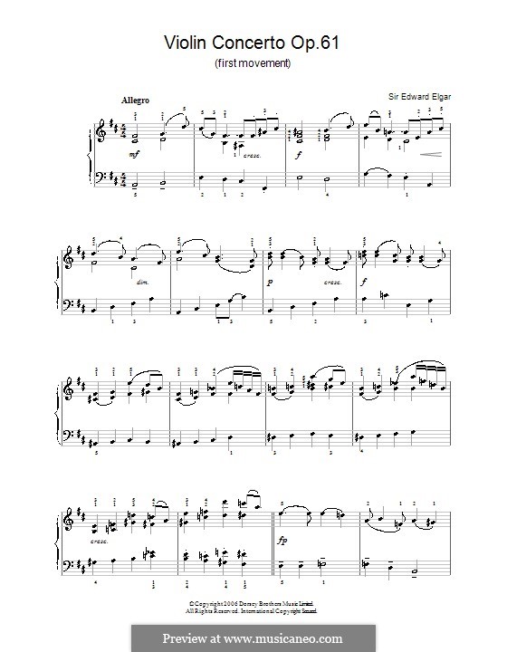 Concerto for Violin and Orchestra, Op.61: Movement I (Fragmnet). Version for easy piano by Edward Elgar