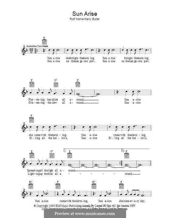 Sun Arise: Melody line, lyrics and chords by Harry Butler