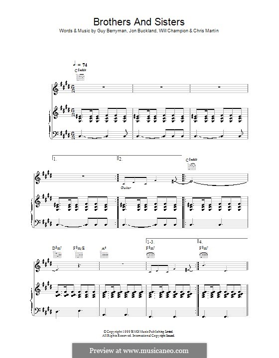 Brothers and Sisters (Coldplay): For voice and piano (or guitar) by Chris Martin, Guy Berryman, Jonny Buckland, Will Champion