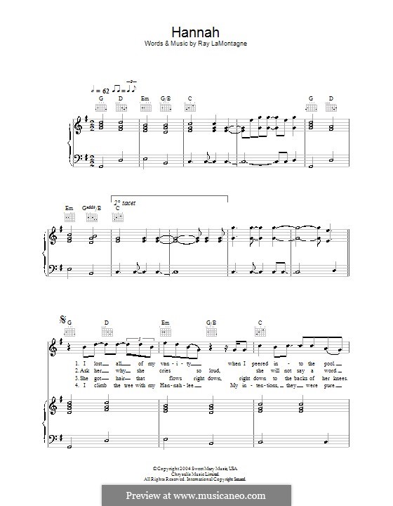 Hannah: For voice and piano (or guitar) by Ray LaMontagne