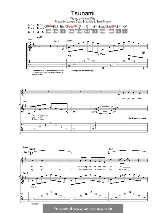 Tsunami (The Manic Street Preachers): For guitar with tab by James Dean Bradfield, Sean Moore