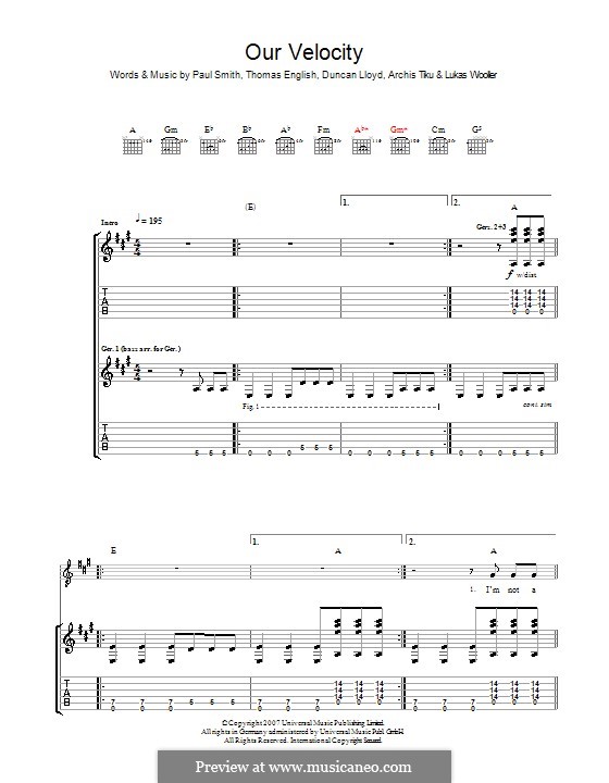 Our Velocity (Maximo Park): For guitar with tab by Thomas Dunn English, Archis Tiku, Duncan Lloyd, Lukas Wooller, Paul Smith
