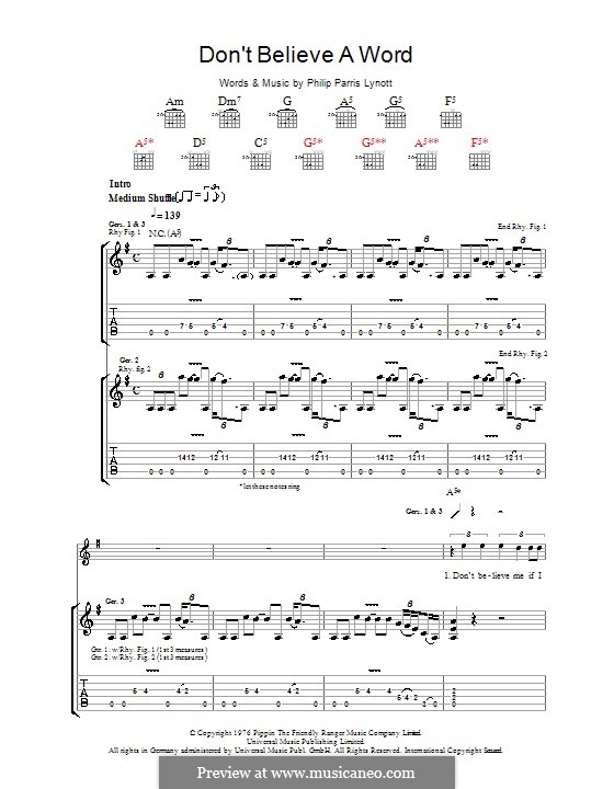 Don't Believe a Word (Thin Lizzy): For guitar with tab by Phil Lynott