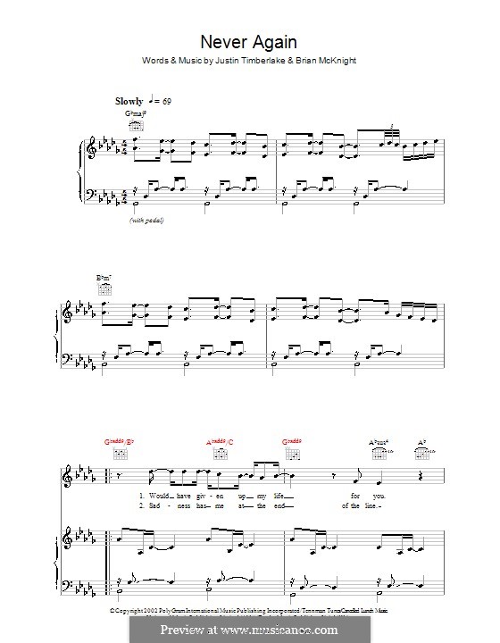 Never Again (Justin Timberlake): For voice and piano (or guitar) by Brian McKnight