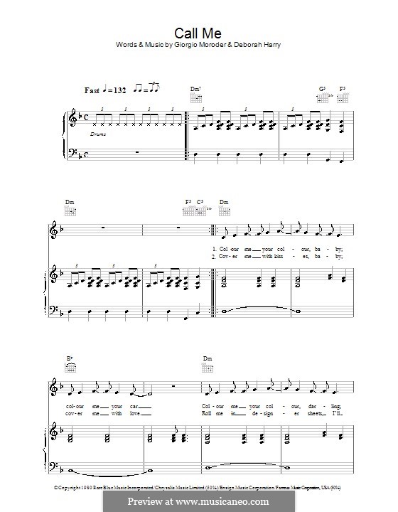 Call Me (Blondie): For voice and piano (or guitar) by Deborah Harry, Giorgio Moroder
