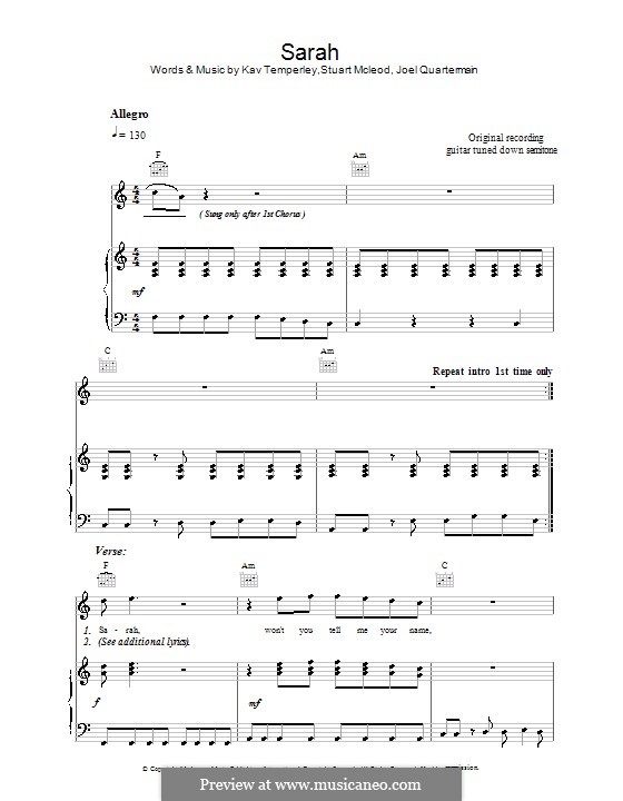 Sarah (Eskimo Joe): For voice and piano (or guitar) by Joel Quartermain, Kavyen Temperley, Stuart MacLeod