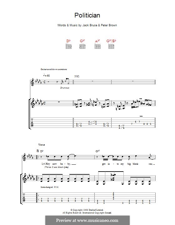 Politician (Cream) by J. Bruce sheet music on MusicaNeo