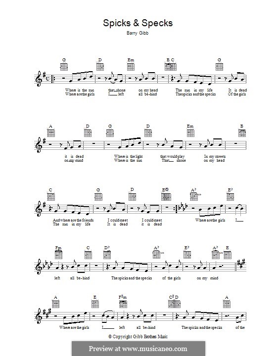 Spicks and Specks (The Bee Gees): Melody line, lyrics and chords by Barry Gibb
