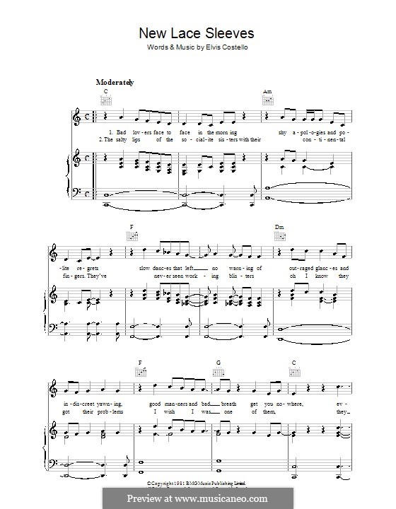 New Lace Sleeves (Elvis Costello): For voice and piano (or guitar) by Declan Macmanus