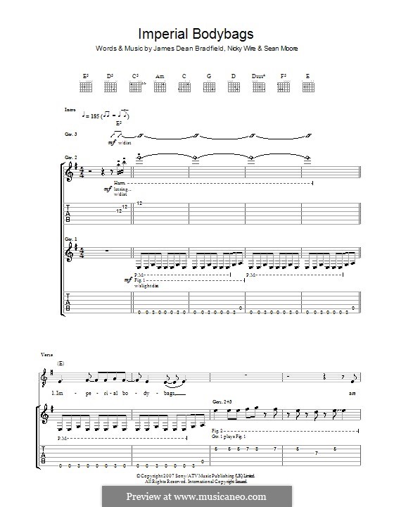 Imperial Bodybags (The Manic Street Preachers): For guitar with tab by James Dean Bradfield, Nicky Wire, Sean Moore