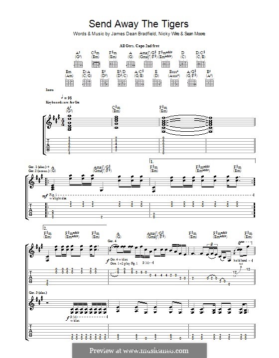 Send Away the Tigers (The Manic Street Preachers): For guitar with tab by James Dean Bradfield, Nicky Wire, Sean Moore