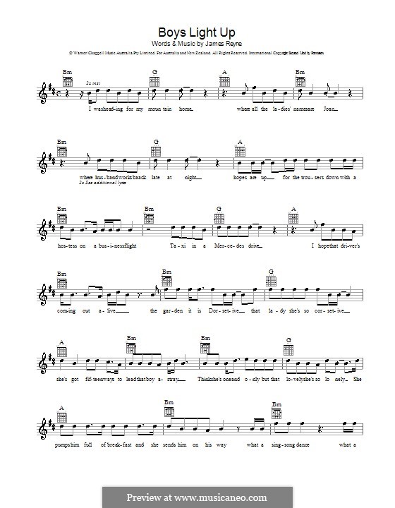 Boys Light Up: Melody line, lyrics and chords by James Reyne