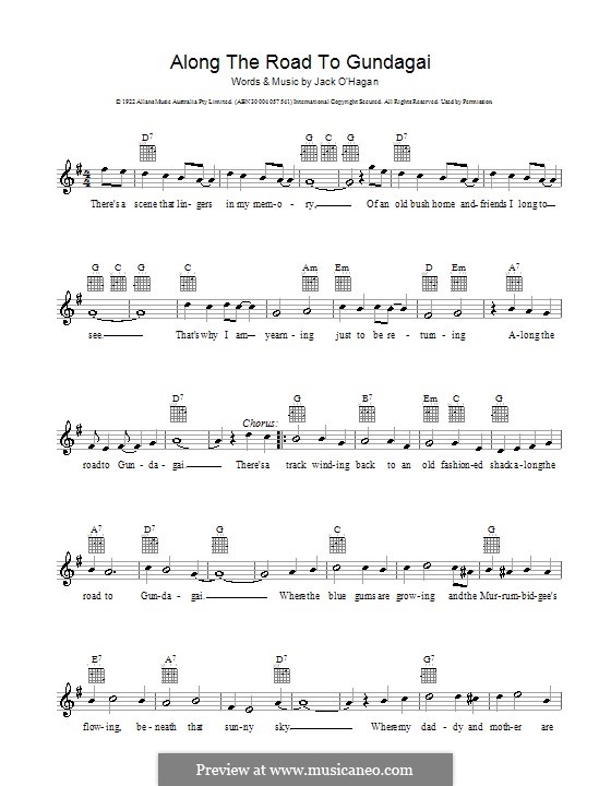 Along the Road to Gundagai: Melody line, lyrics and chords by Jack O'Hagan