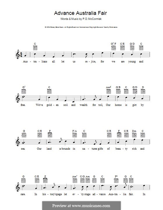 Advance Australia Fair (Australian National Anthem): Melody line, lyrics and chords by Peter McCormick