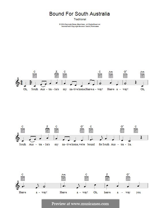 Bound for South Australia: Melody line, lyrics and chords by folklore