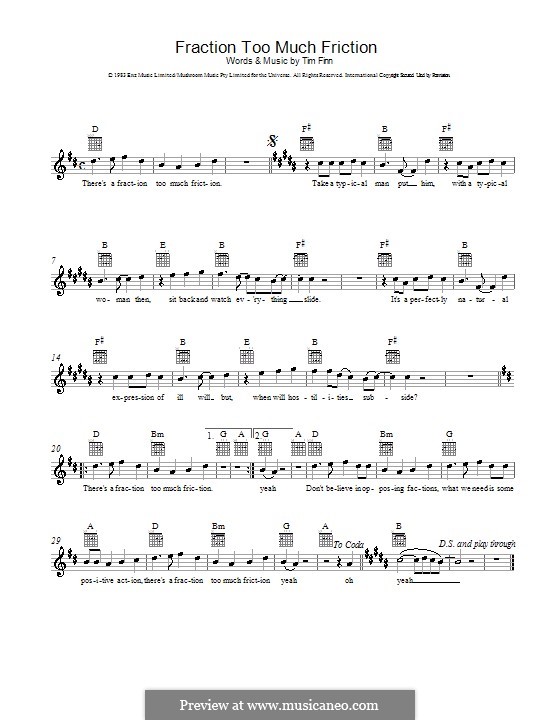 Fraction Too Much Friction (Split Enz): Melody line, lyrics and chords by Tim Finn