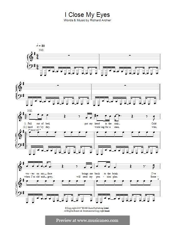 I Close My Eyes (Hard-Fi): For voice and piano (or guitar) by Richard Archer