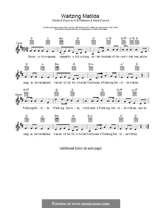 Waltzing Matilda: Melody line, lyrics and chords by Marie Cowan