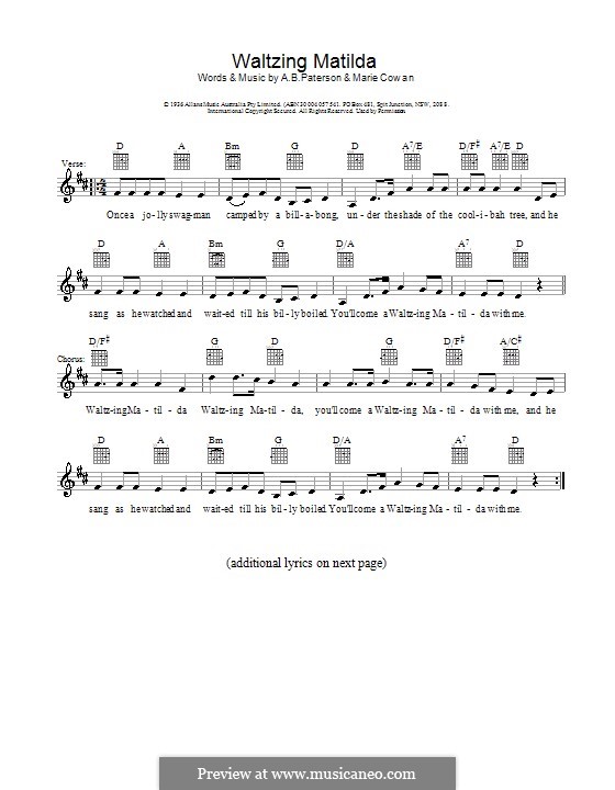 Waltzing Matilda: Melody line, lyrics and chords by Marie Cowan