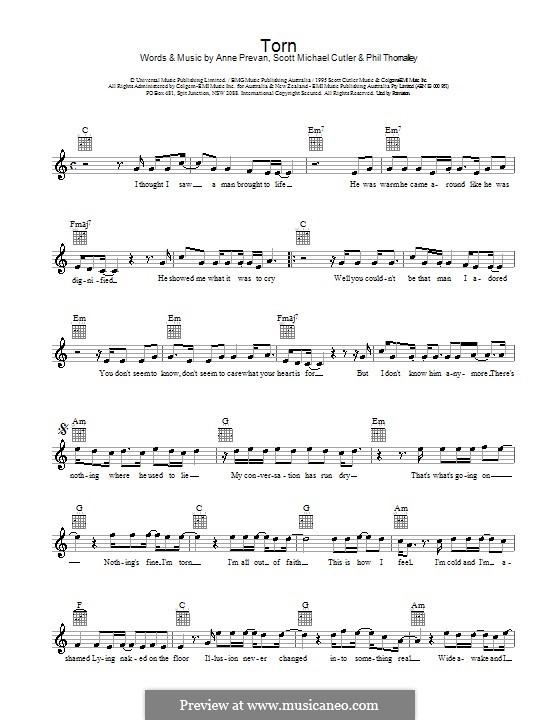 Torn (Natalie Imbruglia): Melody line, lyrics and chords by Anne Preven, Phil Thornalley, Scott Cutler