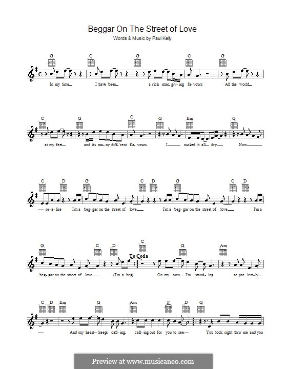 Beggar on the Street of Love: Melody line, lyrics and chords by Paul Kelly
