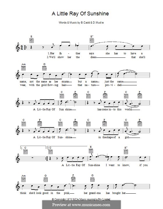 A Little Ray of Sunshine (Axiom): Melody line, lyrics and chords by Brian Cadd, Don Mudie