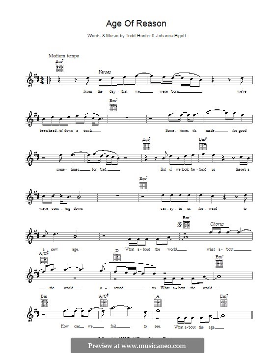 Age of Reason: Melody line, lyrics and chords by Johanna Pigott, Todd Hunter